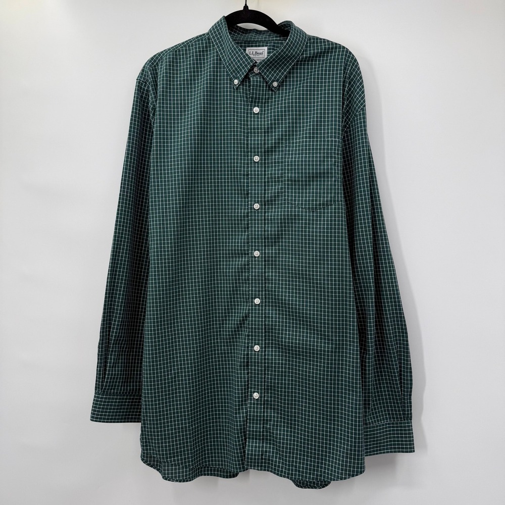 L.L.Bean Mens Size XL Tall Button Down Shirt Green Grid Long SLeeve